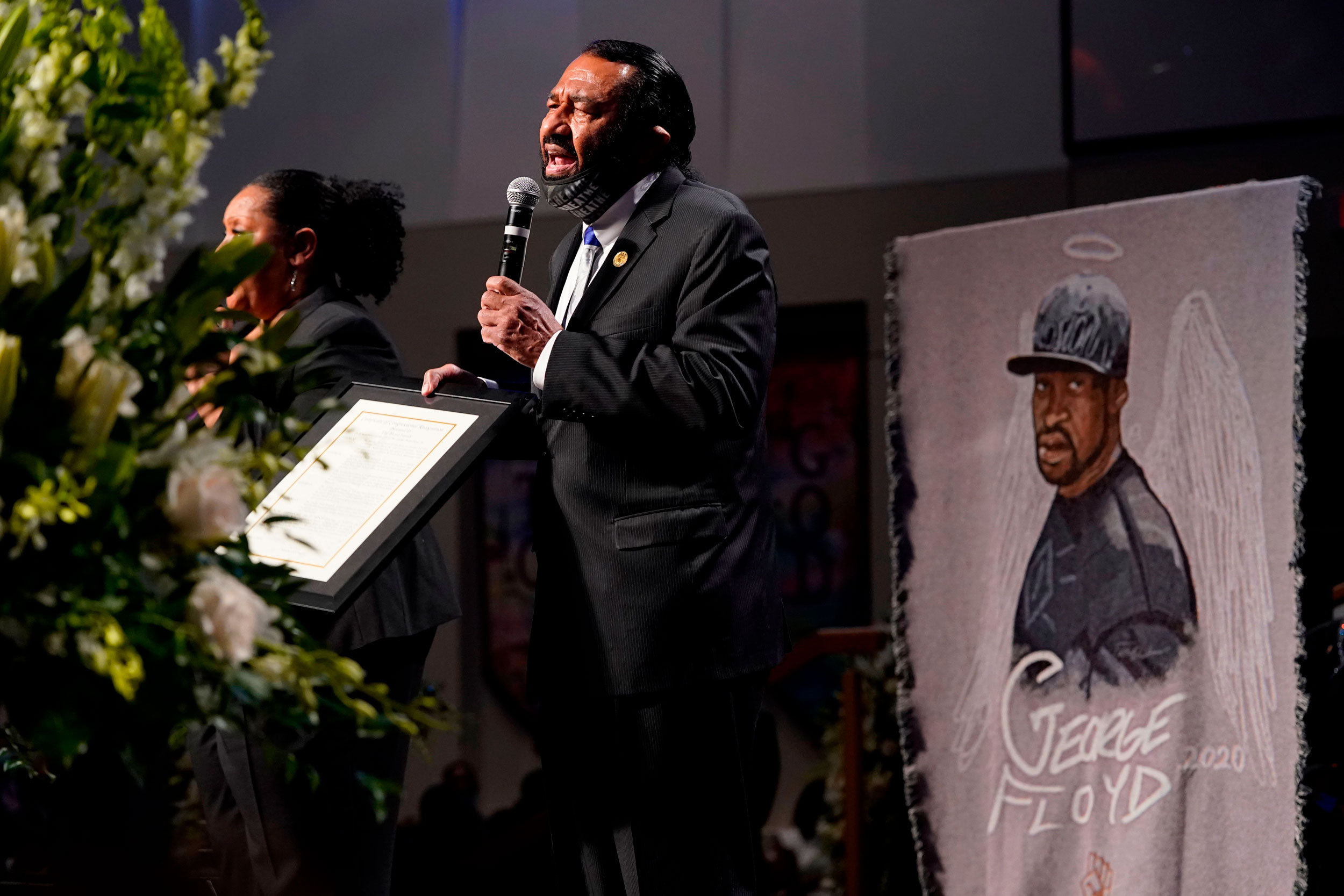 Representative Al Green (D-TX) speaks as family and guests attending the funeral service of George Floyd at The Fountain of Praise Church on June 9 in Houston. 