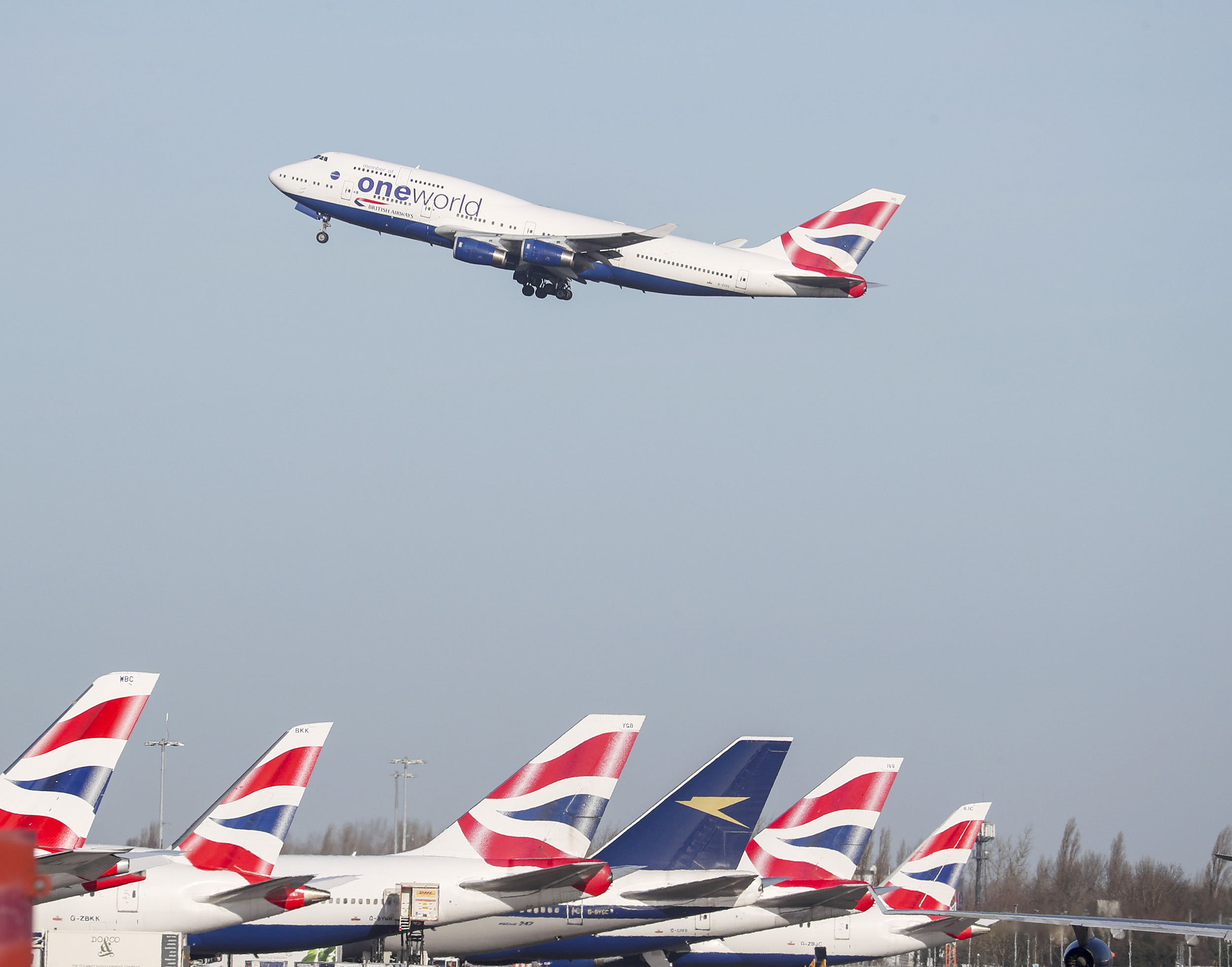 A British Airways plane takes off at Heathrow Airport on January 29, in London, England. 